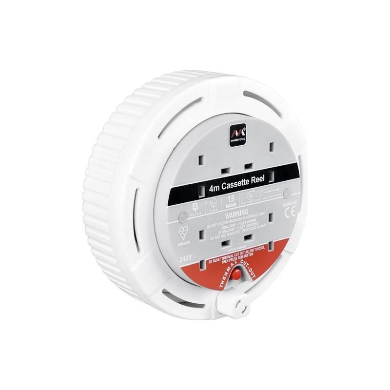 Masterplug Cassette Cable Reel 240V 13A 4-Socket Thermal Cut-Out White 4m