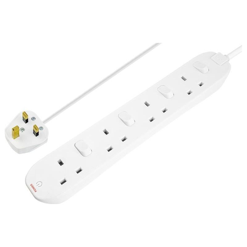 Masterplug Extension Lead 240V 4-Gang 13A White Switched 2m