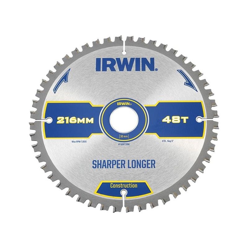 Irwin Construction Mitre Circular Saw Blade 216 x 30mm x 48T ATB/Neg