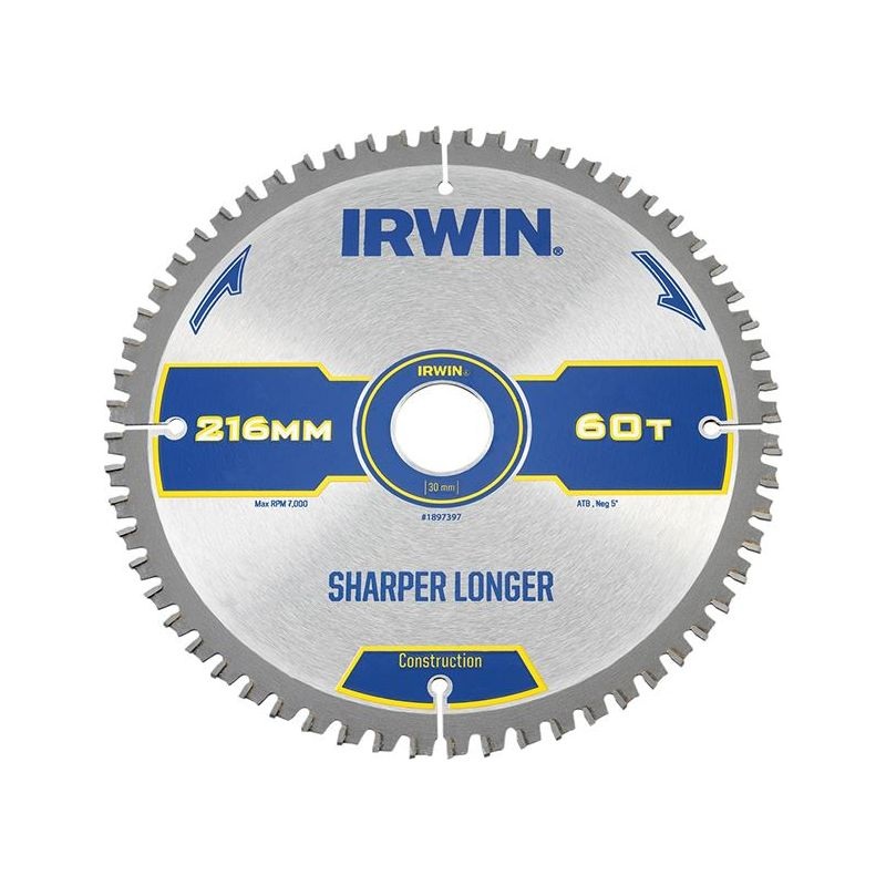 Irwin Construction Mitre Circular Saw Blade 216 x 30mm x 60T ATB/Neg