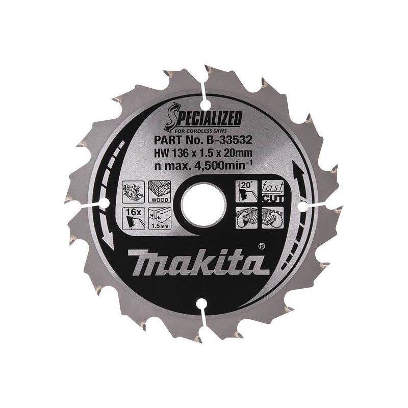 Makita B-33532 Specialized for Cordless Saws Blade 136 x 20mm x 16T