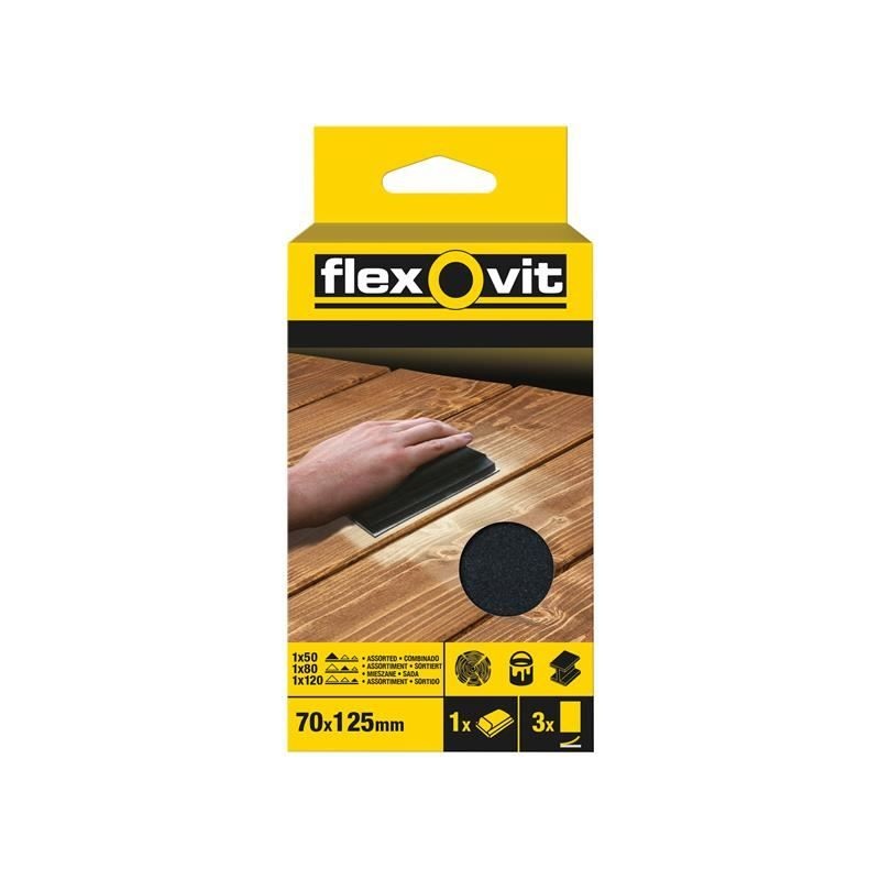 Flexovit Hook & Loop Sanding Block Kit Assorted 70 x 125mm (Pack 3)