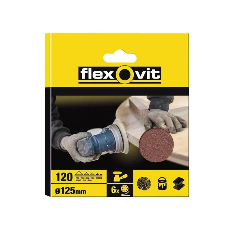 Flexovit Hook & Loop Sanding Disc 125mm Fine 120G 8 Holes (Pack 6)