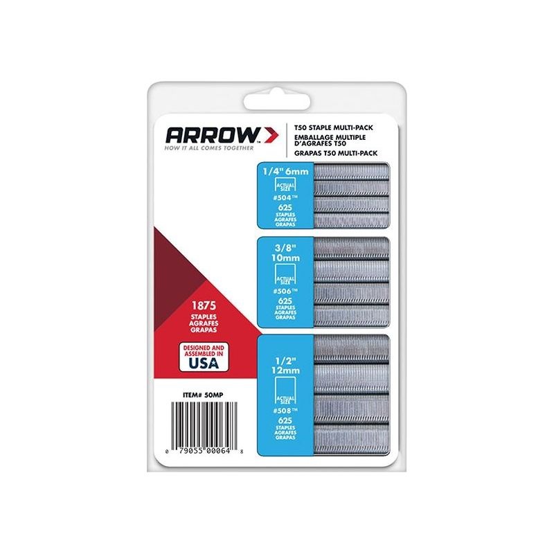 Arrow T50 Staples Multi Pack 6mm  10mm & 12mm (Box 1875, 3 x 625)