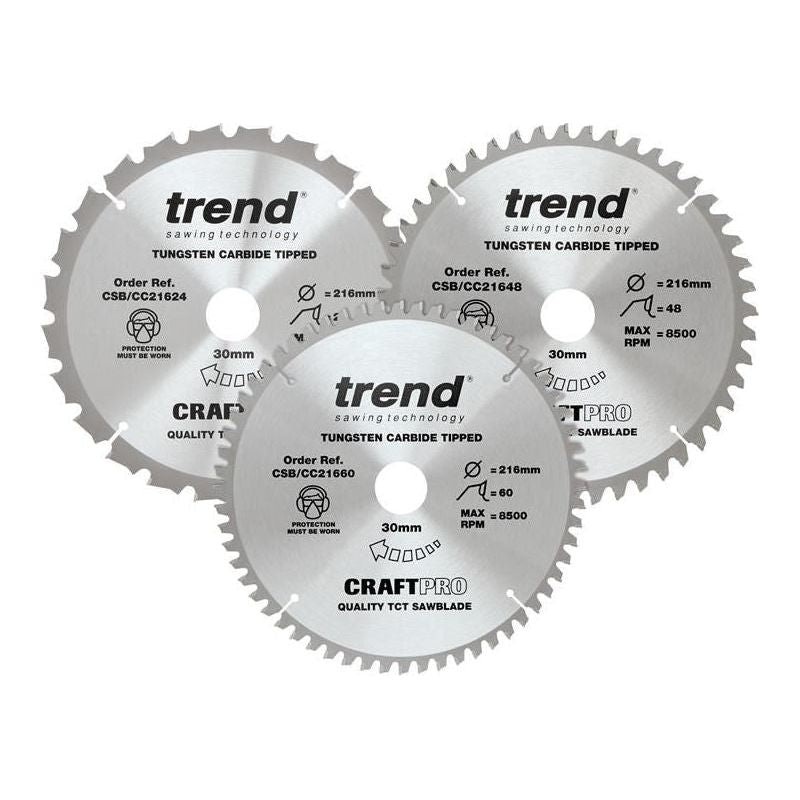 Trend CraftPro Mitre Saw Blade 216 x 30mm x 24T/48T/60T (Pack 3)