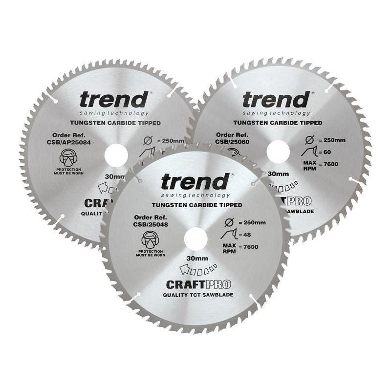 Trend CraftPro Table Saw Blade 250 x 30mm x 48T/60T/84T (Pack 3)