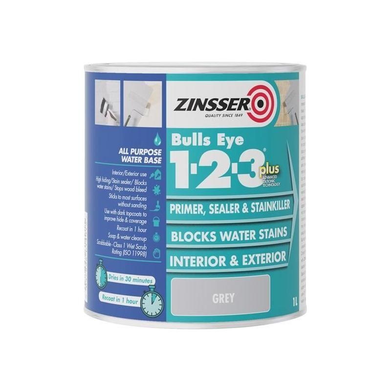 Zinsser Bulls Eye 1-2-3 Plus Primer, Sealer & Stain Killer Grey 1 litre