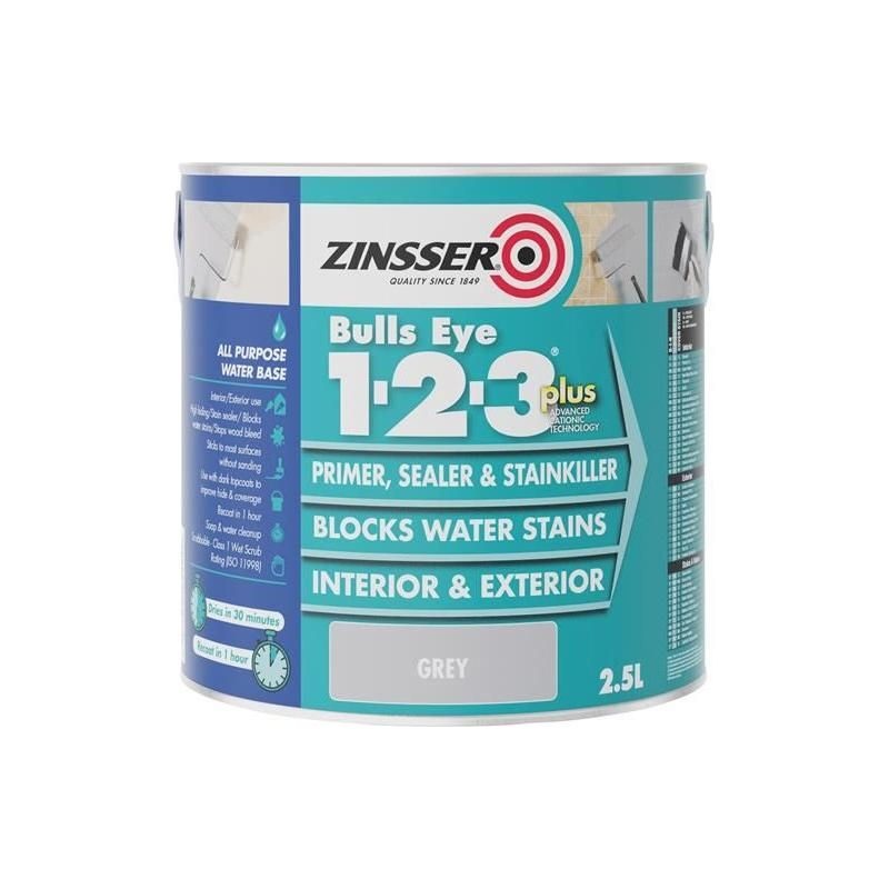 Zinsser Bulls Eye 1-2-3 Plus Primer, Sealer & Stain Killer Grey 2.5 litre