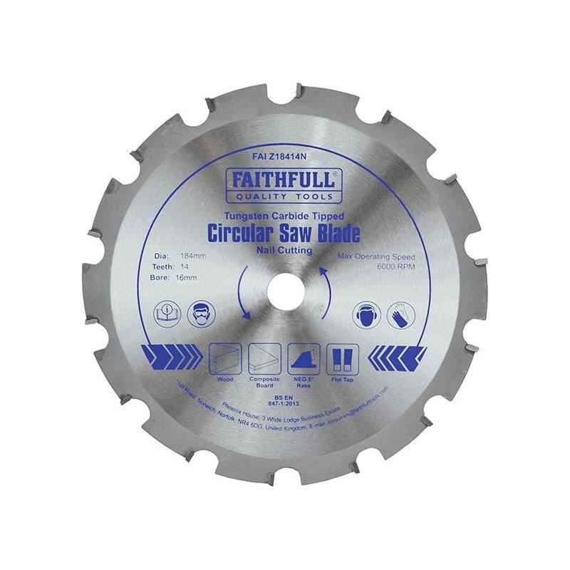 Faithfull TCT Circular Saw Blade Nail Cutting 184 x 16mm x 14T NEG