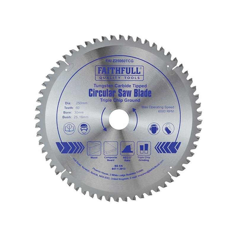 Faithfull TCT Circular Saw Blade Triple Chip Ground 250 x 30mm x 60T NEG