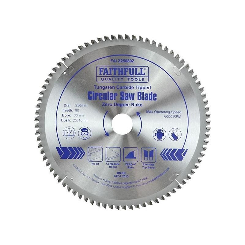 Faithfull TCT Circular Saw Blade Zero Degree 250 x 30mm x 80T