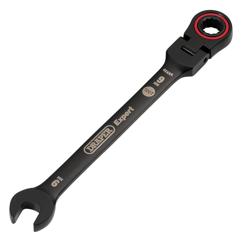 Draper Expert HI-TORQ Metric Flexible Head Ratchet Combination Spanner, 9mm, Black