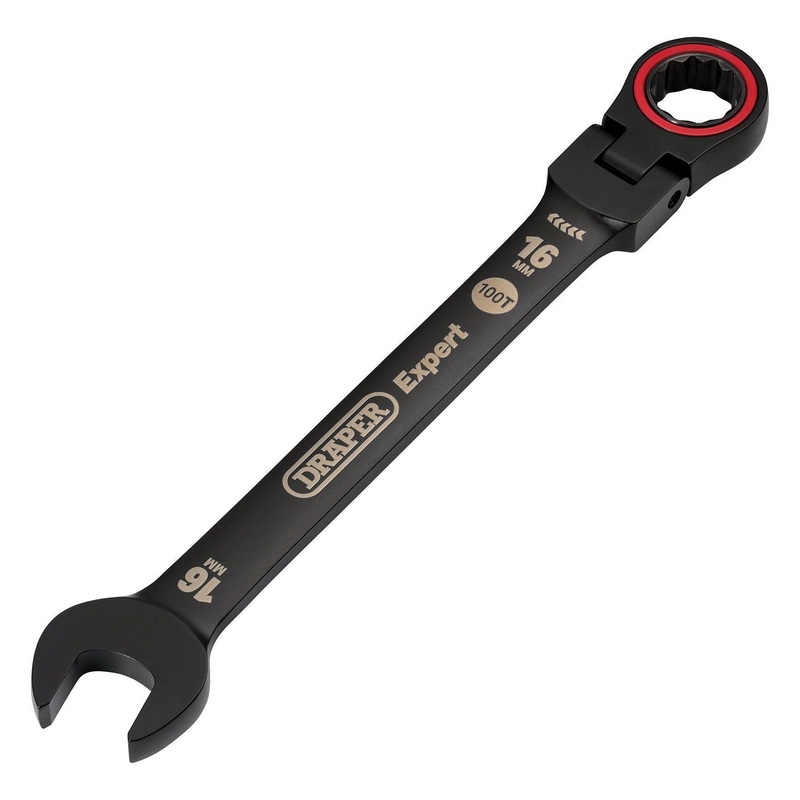 Draper Expert HI-TORQ Metric Flexible Head Ratchet Combination Spanner, 16mm, Black