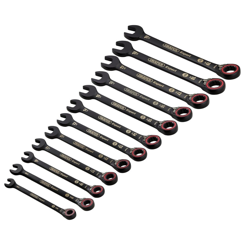 Draper Expert HI-TORQ  Metric Reversible Ratchet Combination Spanner Set, Black (12 Piece)