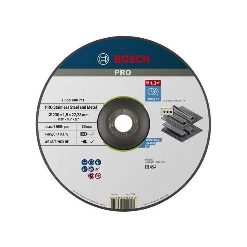 Bosch Powertool Accessories PRO Stainless Steel & Metal Bonded Cutting Disc, Depressed Centre 230 x 22.23mm