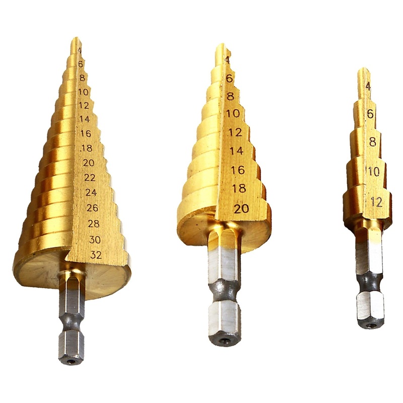 3PC HSS Step Cone Drill Titanium Coated Metal Hole Cutter Bit Set By Dapetz