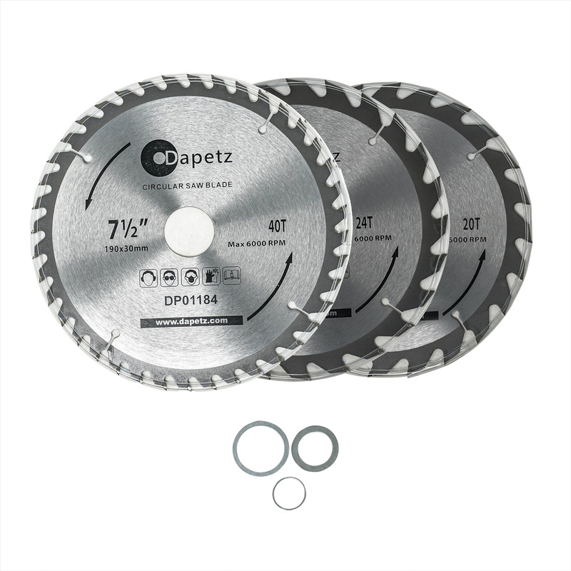 3Pc 190mm TCT 30mm Bore Circular Saw Blades 20, 24 & 40 Teeth Hardwood, Softwood By Dapetz