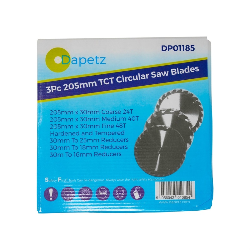 3X 205mm Circular Saw Disc Blades | 24, 40 & 48 Teeth | Includes Adaptor Bushes By Dapetz